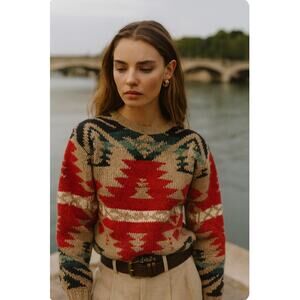 Ralph Lauren Aztec style 100% wool chunky knit sweater